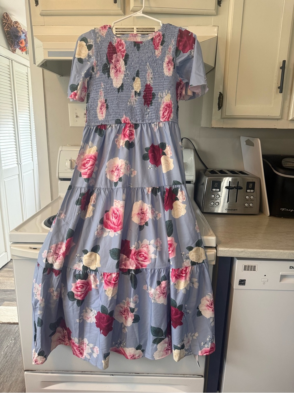 Women’s Lavender Floral Tiered Dress with Pink & Cream Roses